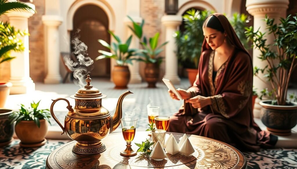 Elegant Moroccan tea ceremony in a sun-dappled courtyard. Intricate brass teapot and glasses reflect the warm, earthy light. Graceful host pouring steaming tea, with sprigs of fresh mint and decorative sugar cones on a low table. Lush potted plants and ornate tile patterns create a serene, inviting atmosphere. Soft shadows and warm hues convey the ritual and hospitality of this cherished cultural tradition.