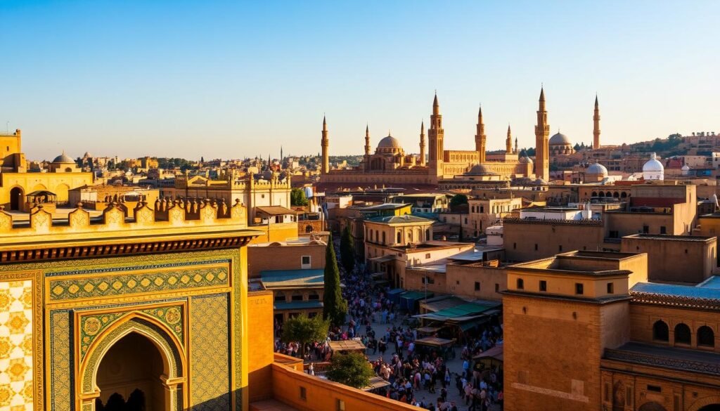 Intricate architectural masterpieces of Fez, Morocco, bathed in warm, golden light. In the foreground, the iconic Bab Bou Jeloud gateway with its intricate blue and green tilework. In the middle ground, the winding alleyways and vibrant markets of the Medina, bustling with local life. In the background, the majestic silhouettes of ancient mosques and minarets rise against a clear, azure sky. Capture the timeless, enchanting essence of Fez's renowned historic district, a UNESCO World Heritage site renowned for its well-preserved Moroccan Islamic architecture and timeless atmosphere. Intricate architectural masterpieces of Fez, Morocco, bathed in warm, golden light. In the foreground, the iconic Bab Bou Jeloud gateway with its intricate blue and green tilework. In the middle ground, the winding alleyways and vibrant markets of the Medina, bustling with local life. In the background, the majestic silhouettes of ancient mosques and minarets rise against a clear, azure sky. Capture the timeless, enchanting essence of Fez's renowned historic district, a UNESCO World Heritage site renowned for its well-preserved Moroccan Islamic architecture and timeless atmosphere.