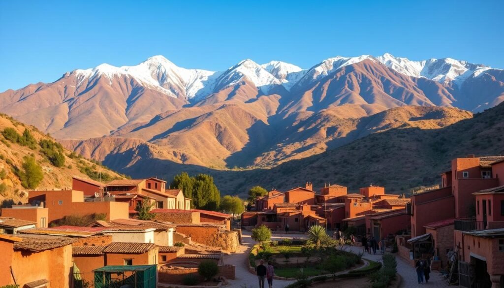 Vivid Berber villages nestled amidst the majestic Atlas Mountains, with snow-capped peaks towering in the distance. In the foreground, traditional mud-brick and stone dwellings cluster together, their terracotta roofs and colorful textiles adding warmth to the scene. Narrow winding paths lead through the village, flanked by vibrant gardens and orchards. Locals go about their daily activities, their traditional attire and friendly demeanors capturing the essence of Moroccan culture. The mid-ground is bathed in soft, golden sunlight, casting a gentle glow over the entire landscape. In the background, the rugged, jagged mountains rise up, their slopes covered in lush, verdant vegetation, creating a stunning natural backdrop for this picturesque Imlil day trip.