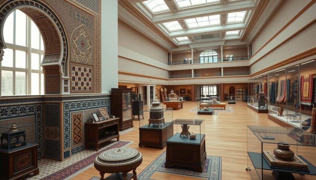a detailed, vibrant, and immersive scene depicting the essence of Moroccan culture, set in an elegant, well-lit museum interior. In the foreground, intricate Moorish architectural details, such as arched doorways, intricate tile patterns, and ornate wooden furnishings, capturing the rich design heritage of Morocco. In the middle ground, a diverse array of traditional Moroccan artifacts, including colorful textiles, ornate metalwork, and delicate ceramics, artfully displayed in glass cases. In the background, a sweeping panoramic view of the museum's grand, airy atrium, with natural light filtering in through large windows, creating a warm and inviting atmosphere. The overall scene conveys a sense of cultural depth, refined elegance, and a deep appreciation for Morocco's remarkable artistic legacy.