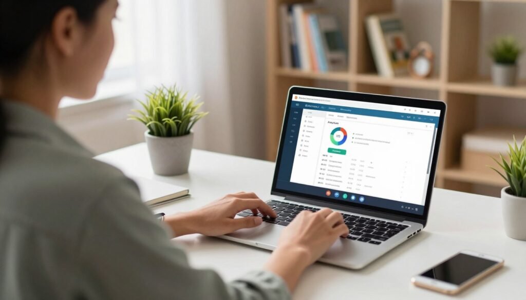 A bright, modern home office scene designed for online teaching. In the foreground, a professional-looking person wearing smart casual attire is seated at a desk, engaged in a video call on a laptop, demonstrating the use of an online teaching platform. The middle ground features an open laptop displaying a user-friendly interface with charts and options for selecting tutors. In the background, a well-organized bookshelf filled with educational resources and a potted plant adds a touch of warmth. Soft, natural lighting streams through a window, creating an inviting atmosphere. The camera angle is slightly above eye level, focusing on the person interacting with the laptop. The mood is focused and professional, reflecting the theme of choosing the right online teaching platform. A bright, modern home office scene designed for online teaching. In the foreground, a professional-looking person wearing smart casual attire is seated at a desk, engaged in a video call on a laptop, demonstrating the use of an online teaching platform. The middle ground features an open laptop displaying a user-friendly interface with charts and options for selecting tutors. In the background, a well-organized bookshelf filled with educational resources and a potted plant adds a touch of warmth. Soft, natural lighting streams through a window, creating an inviting atmosphere. The camera angle is slightly above eye level, focusing on the person interacting with the laptop. The mood is focused and professional, reflecting the theme of choosing the right online teaching platform.