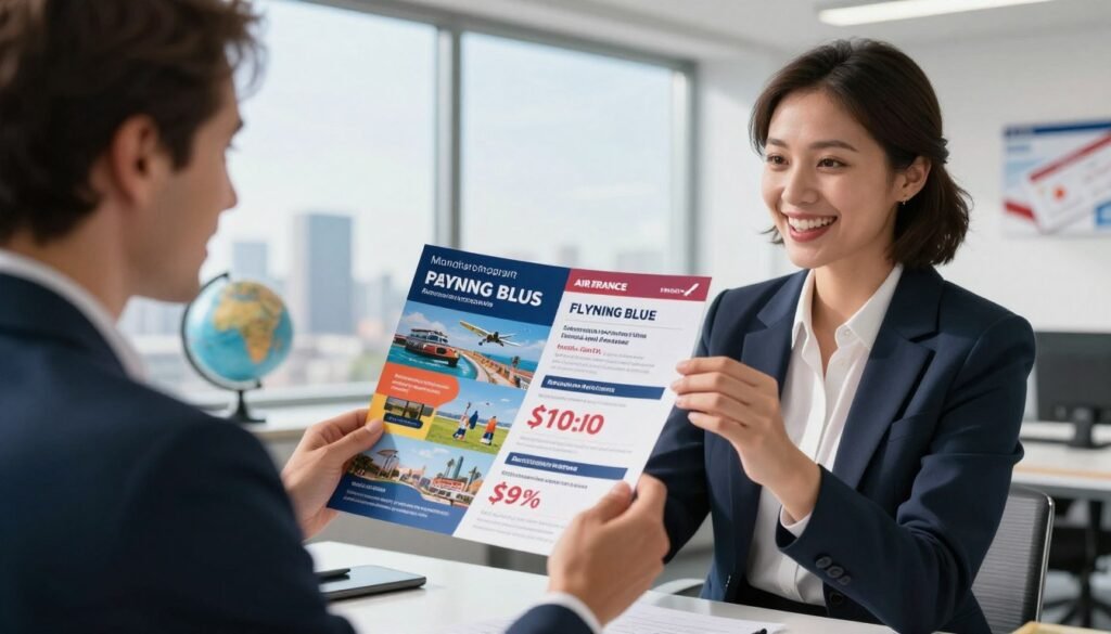A captivating, well-organized scene depicting a monthly rewards program for Air France Flying Blue. In the foreground, a professional businessperson, dressed in smart business attire, is joyfully examining a vibrant and colorful flyer showing various promo rewards, which features enticing images of travel destinations and discounts. In the middle, a modern office setting with a large window showcasing a bright, sunny day and a city skyline. Subtle hints of travel, like a globe and airline tickets, decorate the surroundings. The background should exude an air of excitement and opportunity, with soft, natural lighting emphasizing the rewards and the enthusiasm of the individual. The overall mood should be motivational and inspiring, highlighting the benefits of taking advantage of these offers. A captivating, well-organized scene depicting a monthly rewards program for Air France Flying Blue. In the foreground, a professional businessperson, dressed in smart business attire, is joyfully examining a vibrant and colorful flyer showing various promo rewards, which features enticing images of travel destinations and discounts. In the middle, a modern office setting with a large window showcasing a bright, sunny day and a city skyline. Subtle hints of travel, like a globe and airline tickets, decorate the surroundings. The background should exude an air of excitement and opportunity, with soft, natural lighting emphasizing the rewards and the enthusiasm of the individual. The overall mood should be motivational and inspiring, highlighting the benefits of taking advantage of these offers.