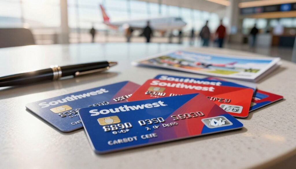A close-up view of multiple Southwest Rapid Rewards credit cards displayed on a sleek, polished tabletop. The foreground features the vibrant blue and red design of the cards, showcasing the Southwest Airlines logo prominently. In the middle ground, soft-focus elements like a stylish pen and a small travel brochure can be seen, hinting at travel planning. The background features an abstract, airy representation of an airport terminal with blurred travelers and airplanes, creating a lively atmosphere. The lighting is bright but warm, reminiscent of a sunny day, using a shallow depth of field to emphasize the cards. The mood is optimistic and motivational, reflecting the excitement of earning travel rewards through credit card usage. A close-up view of multiple Southwest Rapid Rewards credit cards displayed on a sleek, polished tabletop. The foreground features the vibrant blue and red design of the cards, showcasing the Southwest Airlines logo prominently. In the middle ground, soft-focus elements like a stylish pen and a small travel brochure can be seen, hinting at travel planning. The background features an abstract, airy representation of an airport terminal with blurred travelers and airplanes, creating a lively atmosphere. The lighting is bright but warm, reminiscent of a sunny day, using a shallow depth of field to emphasize the cards. The mood is optimistic and motivational, reflecting the excitement of earning travel rewards through credit card usage.