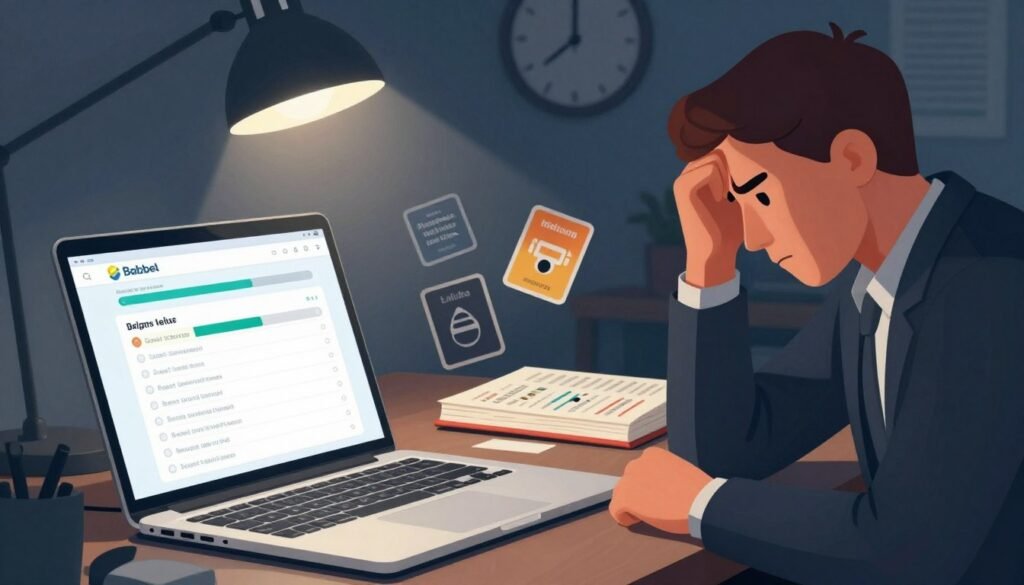 A digital illustration showcasing the limitations of a language learning app like Babbel. In the foreground, an open laptop with a visually clear interface of a language learning app displaying a progress bar and incomplete lesson list. A frustrated user in professional attire, with a furrowed brow, sits beside the laptop, holding their head in contemplation. In the middle ground, scattered language flashcards and a closed textbook symbolize the challenges of traditional learning methods. The background features a dimly lit room with a clock indicating late hours, enhancing the atmosphere of stress and time constraints. Soft shadows cast by a desk lamp create a focused yet somber mood, emphasizing the struggle and limitations faced by learners. The overall scene conveys a sense of determination amidst frustration, reflective of the article's theme. A digital illustration showcasing the limitations of a language learning app like Babbel. In the foreground, an open laptop with a visually clear interface of a language learning app displaying a progress bar and incomplete lesson list. A frustrated user in professional attire, with a furrowed brow, sits beside the laptop, holding their head in contemplation. In the middle ground, scattered language flashcards and a closed textbook symbolize the challenges of traditional learning methods. The background features a dimly lit room with a clock indicating late hours, enhancing the atmosphere of stress and time constraints. Soft shadows cast by a desk lamp create a focused yet somber mood, emphasizing the struggle and limitations faced by learners. The overall scene conveys a sense of determination amidst frustration, reflective of the article's theme.