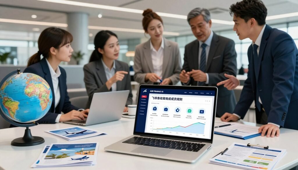 A dynamic scene depicting the concept of "Flying Blue policies and member rules" for Air France's loyalty program. In the foreground, an open laptop displays a digital dashboard with colorful graphs and icons representing miles and rewards, surrounded by flight-themed office supplies, such as a globe and travel brochures. In the middle ground, a diverse group of professionals in business attire are engaged in discussion, pointing towards the laptop, embodying collaboration and strategy. The background features a sleek modern airport lounge with soft, ambient lighting, evoking a sense of travel and adventure. The color palette is a blend of blue tones symbolizing the brand, creating an energetic yet professional atmosphere that emphasizes earning miles and member benefits. The viewpoint is slightly angled to capture both the gathering and the digital interface effectively. A dynamic scene depicting the concept of "Flying Blue policies and member rules" for Air France's loyalty program. In the foreground, an open laptop displays a digital dashboard with colorful graphs and icons representing miles and rewards, surrounded by flight-themed office supplies, such as a globe and travel brochures. In the middle ground, a diverse group of professionals in business attire are engaged in discussion, pointing towards the laptop, embodying collaboration and strategy. The background features a sleek modern airport lounge with soft, ambient lighting, evoking a sense of travel and adventure. The color palette is a blend of blue tones symbolizing the brand, creating an energetic yet professional atmosphere that emphasizes earning miles and member benefits. The viewpoint is slightly angled to capture both the gathering and the digital interface effectively.