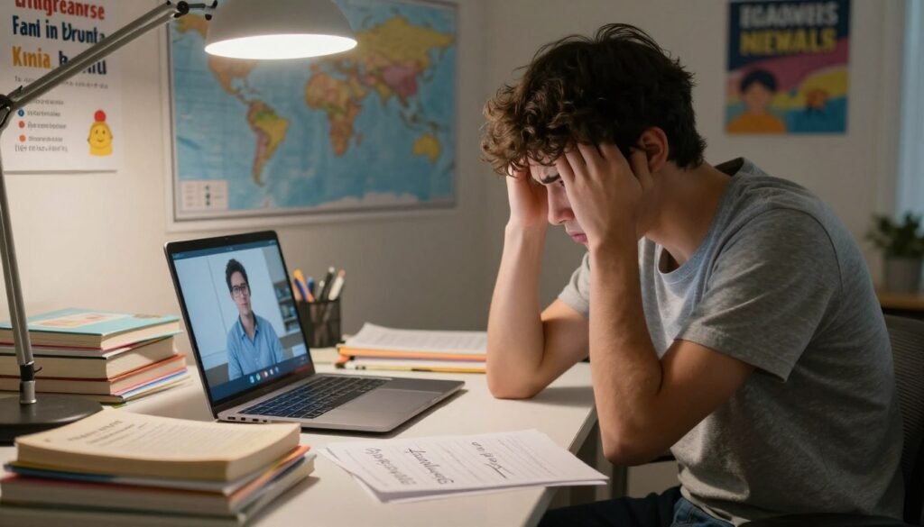 A frustrated student sitting at a desk, engaging with a laptop while trying to learn English online, surrounded by scattered textbooks and notes. The foreground features the student, a young adult in modest casual clothing, displaying expressions of confusion and stress. In the middle ground, the laptop screen shows a video call interface with a muted teacher, emphasizing the online learning aspect. The background features a cluttered home study environment with a world map and English language posters, illustrating common challenges in language learning. Soft overhead lighting creates a warm, yet tense atmosphere, capturing the mood of frustration and determination in the journey of mastering English online. The focus is sharp on the student, with a slightly blurred background to add depth. A frustrated student sitting at a desk, engaging with a laptop while trying to learn English online, surrounded by scattered textbooks and notes. The foreground features the student, a young adult in modest casual clothing, displaying expressions of confusion and stress. In the middle ground, the laptop screen shows a video call interface with a muted teacher, emphasizing the online learning aspect. The background features a cluttered home study environment with a world map and English language posters, illustrating common challenges in language learning. Soft overhead lighting creates a warm, yet tense atmosphere, capturing the mood of frustration and determination in the journey of mastering English online. The focus is sharp on the student, with a slightly blurred background to add depth.