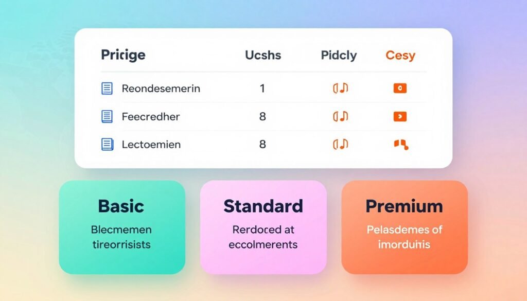 A modern and clean comparison chart showcasing Babbel's pricing and subscription plans. In the foreground, there are three distinct pricing tiers displayed in sleek, colored boxes labeled "Basic," "Standard," and "Premium," each with a brief summary of features like access duration and included resources. In the middle, a minimalist table layout highlights comparisons, using icons for visual clarity, such as books and audio lessons. The background features a soft gradient that reflects a language-learning theme, with subtle hints of world maps or language symbols. The lighting is bright and inviting, emphasizing clarity and professionalism, with a slight blur to focus on the pricing details. The mood is informative and engaging, perfect for a digital learning platform. A modern and clean comparison chart showcasing Babbel's pricing and subscription plans. In the foreground, there are three distinct pricing tiers displayed in sleek, colored boxes labeled "Basic," "Standard," and "Premium," each with a brief summary of features like access duration and included resources. In the middle, a minimalist table layout highlights comparisons, using icons for visual clarity, such as books and audio lessons. The background features a soft gradient that reflects a language-learning theme, with subtle hints of world maps or language symbols. The lighting is bright and inviting, emphasizing clarity and professionalism, with a slight blur to focus on the pricing details. The mood is informative and engaging, perfect for a digital learning platform.