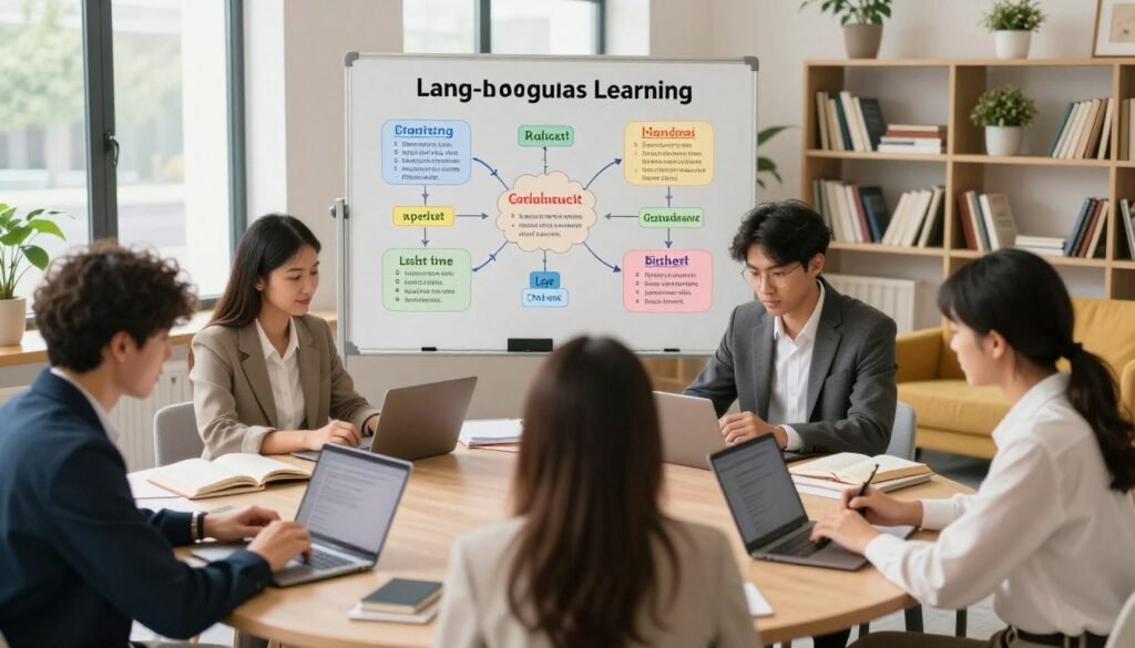 A modern, inviting language learning environment showcasing effective language learning strategies. In the foreground, a diverse group of individuals, dressed in professional business attire, are engaged in collaborative study, using digital devices and books. In the middle, a large whiteboard displays colorful diagrams and key concepts related to language acquisition, with illustrations of vocabulary and grammar strategies. The background features a bright, well-lit room filled with bookshelves, flowering plants, and comfortable seating areas to create a relaxed yet focused atmosphere. Soft natural lighting filters through large windows, enhancing the mood of curiosity and motivation for learning. The overall feeling is one of productivity and innovative learning techniques, perfectly suited to illustrate the topic. A modern, inviting language learning environment showcasing effective language learning strategies. In the foreground, a diverse group of individuals, dressed in professional business attire, are engaged in collaborative study, using digital devices and books. In the middle, a large whiteboard displays colorful diagrams and key concepts related to language acquisition, with illustrations of vocabulary and grammar strategies. The background features a bright, well-lit room filled with bookshelves, flowering plants, and comfortable seating areas to create a relaxed yet focused atmosphere. Soft natural lighting filters through large windows, enhancing the mood of curiosity and motivation for learning. The overall feeling is one of productivity and innovative learning techniques, perfectly suited to illustrate the topic.