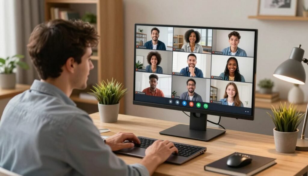 A modern online English tutoring session in a cozy home office setting. In the foreground, a professional-looking male tutor with short hair, wearing a smart casual shirt, sits at a desk with a laptop open, engaged in conversation. His face reflects a friendly, encouraging demeanor. In the middle ground, a large monitor displays a virtual classroom environment, showcasing engaged students from diverse backgrounds, all appearing attentive and interested. The background features a warm, inviting decor with bookshelves, plants, and soft lighting coming from a desk lamp, creating a relaxed atmosphere. The scene is captured from a slightly elevated angle, emphasizing the interaction while maintaining the focus on the tutor and the virtual classroom, evoking a sense of connection and learning. A modern online English tutoring session in a cozy home office setting. In the foreground, a professional-looking male tutor with short hair, wearing a smart casual shirt, sits at a desk with a laptop open, engaged in conversation. His face reflects a friendly, encouraging demeanor. In the middle ground, a large monitor displays a virtual classroom environment, showcasing engaged students from diverse backgrounds, all appearing attentive and interested. The background features a warm, inviting decor with bookshelves, plants, and soft lighting coming from a desk lamp, creating a relaxed atmosphere. The scene is captured from a slightly elevated angle, emphasizing the interaction while maintaining the focus on the tutor and the virtual classroom, evoking a sense of connection and learning.