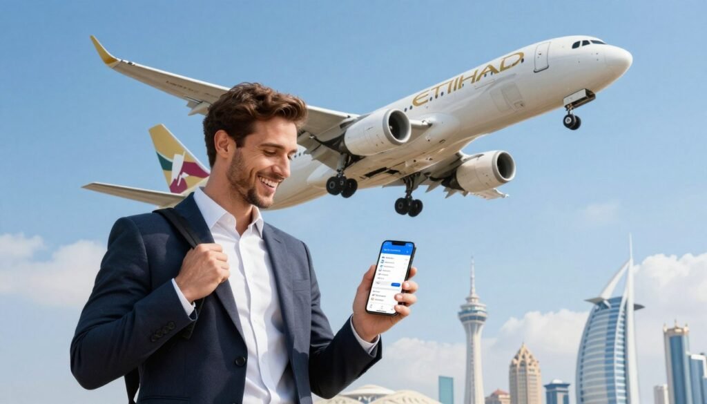 A modern travel scene illustrating the concept of earning Etihad Guest miles through flying. In the foreground, show a business traveler in smart attire, joyfully scanning a mobile app displaying loyalty points and flight information. The middle layer features an airplane taking off against a clear blue sky, symbolizing air travel and adventure. In the background, depict iconic landmarks of Abu Dhabi subtly blended with clouds to represent the Etihad Airways hub. Use bright and inviting lighting to evoke a sense of excitement and opportunity. The angle should be slightly low to highlight the airplane and the traveler, creating a dynamic perspective that conveys the thrill of travel and rewards. A modern travel scene illustrating the concept of earning Etihad Guest miles through flying. In the foreground, show a business traveler in smart attire, joyfully scanning a mobile app displaying loyalty points and flight information. The middle layer features an airplane taking off against a clear blue sky, symbolizing air travel and adventure. In the background, depict iconic landmarks of Abu Dhabi subtly blended with clouds to represent the Etihad Airways hub. Use bright and inviting lighting to evoke a sense of excitement and opportunity. The angle should be slightly low to highlight the airplane and the traveler, creating a dynamic perspective that conveys the thrill of travel and rewards.