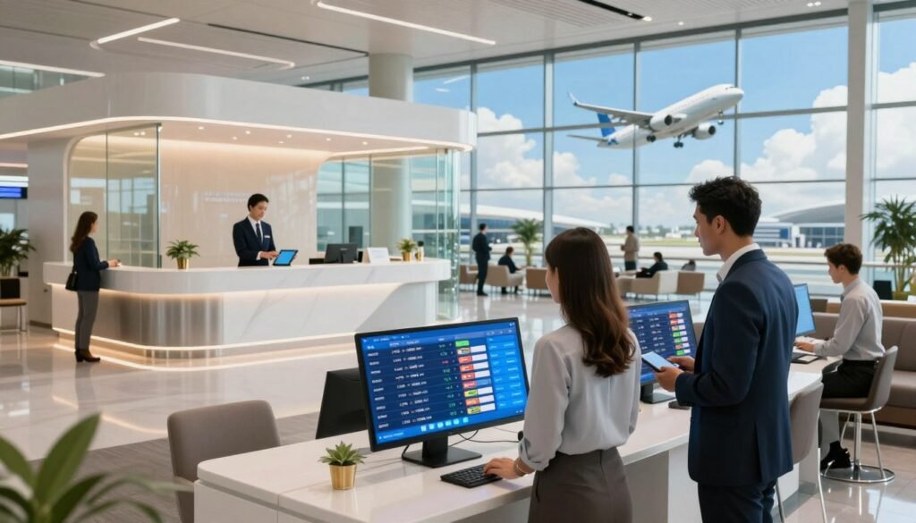 A modern travel services integration scene set in a sleek, futuristic airport lounge. In the foreground, a diverse group of three professionals, dressed in smart business attire, are engaging with advanced digital displays showing flight and hotel options. The middle ground features a modern, glass-walled reception area with an attentive concierge assisting travelers through a tablet, surrounded by comfortable seating and ambient lighting. The background shows large panoramic windows revealing an airplane taking off against a bright blue sky, with stylized clouds. The lighting is bright and welcoming, creating an atmosphere of efficiency and innovation, ideal for the modern traveler. The angle is slightly elevated, capturing the bustling activity while conveying a sense of organization and accessibility. A modern travel services integration scene set in a sleek, futuristic airport lounge. In the foreground, a diverse group of three professionals, dressed in smart business attire, are engaging with advanced digital displays showing flight and hotel options. The middle ground features a modern, glass-walled reception area with an attentive concierge assisting travelers through a tablet, surrounded by comfortable seating and ambient lighting. The background shows large panoramic windows revealing an airplane taking off against a bright blue sky, with stylized clouds. The lighting is bright and welcoming, creating an atmosphere of efficiency and innovation, ideal for the modern traveler. The angle is slightly elevated, capturing the bustling activity while conveying a sense of organization and accessibility.