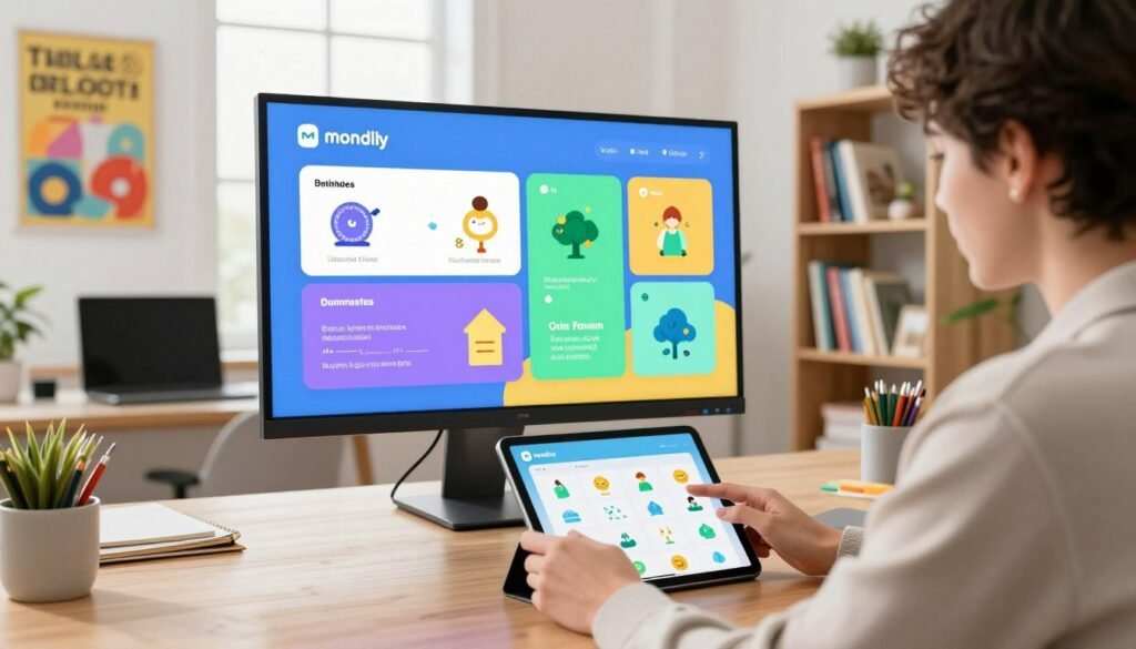 A modern, vibrant workspace showcasing innovative language learning features of Mondly. In the foreground, a young adult wearing professional casual attire interacts with a sleek tablet, displaying an interactive language app interface. In the middle, a large screen shows colorful infographics and gamified learning modules, with visual elements representing different languages and cultures. The background features a bright, stylish office with inspirational language posters and a bookshelf filled with global literature. Soft, natural lighting filters through large windows, creating an inviting atmosphere. The scene conveys enthusiasm and engagement, emphasizing the advanced technology and immersive experience offered by Mondly, highlighting its key features that set it apart in language learning. A modern, vibrant workspace showcasing innovative language learning features of Mondly. In the foreground, a young adult wearing professional casual attire interacts with a sleek tablet, displaying an interactive language app interface. In the middle, a large screen shows colorful infographics and gamified learning modules, with visual elements representing different languages and cultures. The background features a bright, stylish office with inspirational language posters and a bookshelf filled with global literature. Soft, natural lighting filters through large windows, creating an inviting atmosphere. The scene conveys enthusiasm and engagement, emphasizing the advanced technology and immersive experience offered by Mondly, highlighting its key features that set it apart in language learning.