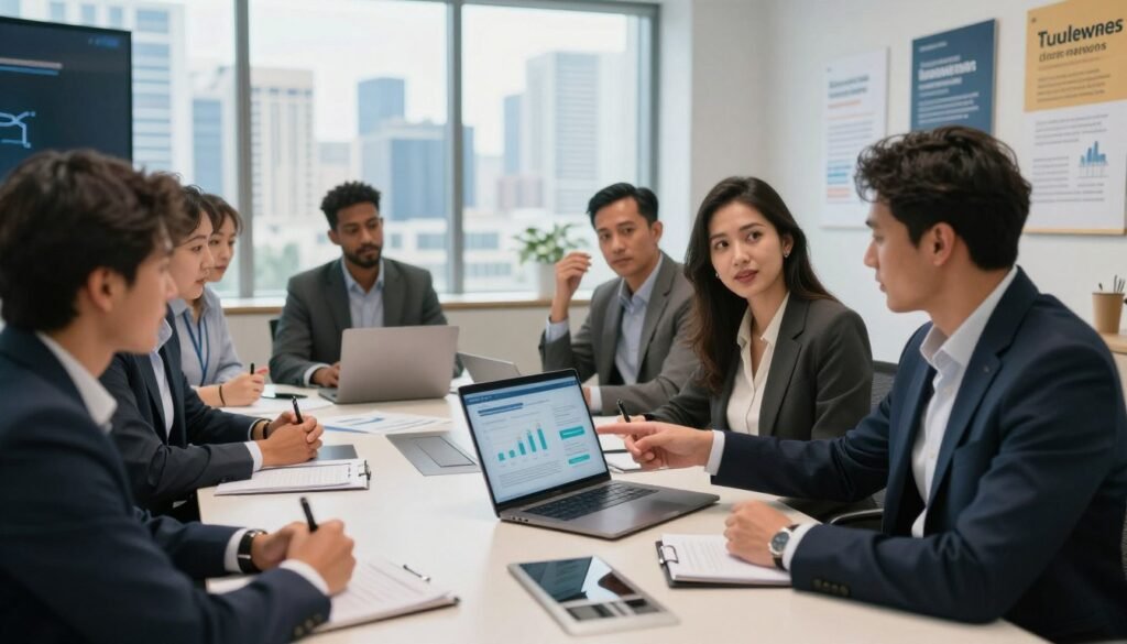 A professional business setting showcasing a diverse group of individuals engaged in a strategy meeting to maximize the value of their Etihad Guest miles. In the foreground, a confident woman in business attire points at a laptop displaying a key insights graphic, while a man beside her takes notes. Surrounding them, colleagues in professional attire share ideas, with papers and digital devices cluttered on a modern conference table. The middle ground features a large window revealing a bright city skyline, symbolizing global travel. The background showcases a well-organized office environment with motivational posters about travel rewards. Soft, natural lighting filters in, creating a collaborative and productive atmosphere throughout the scene. A professional business setting showcasing a diverse group of individuals engaged in a strategy meeting to maximize the value of their Etihad Guest miles. In the foreground, a confident woman in business attire points at a laptop displaying a key insights graphic, while a man beside her takes notes. Surrounding them, colleagues in professional attire share ideas, with papers and digital devices cluttered on a modern conference table. The middle ground features a large window revealing a bright city skyline, symbolizing global travel. The background showcases a well-organized office environment with motivational posters about travel rewards. Soft, natural lighting filters in, creating a collaborative and productive atmosphere throughout the scene.