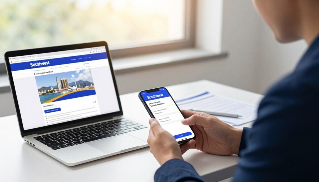 A professional office scene depicting a traveler navigating the process of changing or canceling award tickets for Southwest Airlines. In the foreground, a focused individual in smart business attire is seated at a desk with a laptop open, displaying the Southwest Airlines website. In the middle ground, a close-up view of a phone is showing the customer service number, with a few travel documents scattered around. The background features a bright window letting in warm afternoon light, creating a welcoming atmosphere. The overall mood is organized and efficient, emphasizing clarity and ease in managing travel plans. The scene should capture the essence of professionalism and the importance of customer service in travel arrangements. A professional office scene depicting a traveler navigating the process of changing or canceling award tickets for Southwest Airlines. In the foreground, a focused individual in smart business attire is seated at a desk with a laptop open, displaying the Southwest Airlines website. In the middle ground, a close-up view of a phone is showing the customer service number, with a few travel documents scattered around. The background features a bright window letting in warm afternoon light, creating a welcoming atmosphere. The overall mood is organized and efficient, emphasizing clarity and ease in managing travel plans. The scene should capture the essence of professionalism and the importance of customer service in travel arrangements.