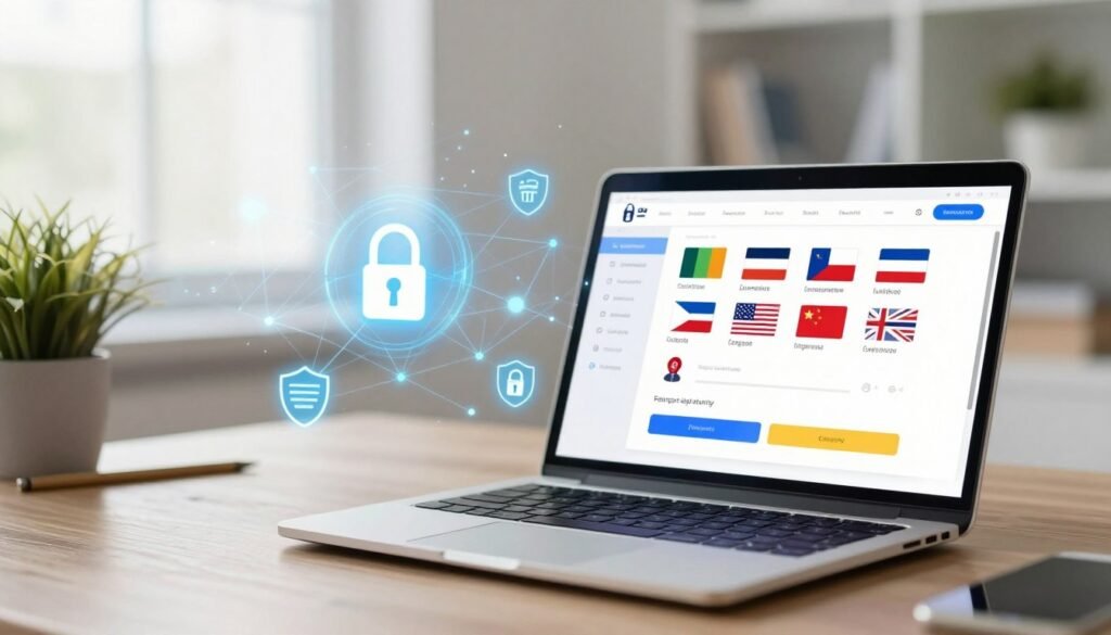 A secure online language learning platform depicted in a modern, digital environment. In the foreground, a professional-looking laptop displays a colorful language interface with various flags representing different languages. Surrounding the laptop are symbols of digital security, such as padlocks and shields, visualizing the concept of payment safety and data protection. In the middle, an abstract representation of a data network flows, symbolizing connectivity and user privacy, featuring glowing lines and nodes. The background showcases a bright, inviting workspace with soft, natural lighting that enhances a sense of trust and security. The overall atmosphere is one of safety and optimism, encouraging users to confidently engage in language learning. A secure online language learning platform depicted in a modern, digital environment. In the foreground, a professional-looking laptop displays a colorful language interface with various flags representing different languages. Surrounding the laptop are symbols of digital security, such as padlocks and shields, visualizing the concept of payment safety and data protection. In the middle, an abstract representation of a data network flows, symbolizing connectivity and user privacy, featuring glowing lines and nodes. The background showcases a bright, inviting workspace with soft, natural lighting that enhances a sense of trust and security. The overall atmosphere is one of safety and optimism, encouraging users to confidently engage in language learning.
