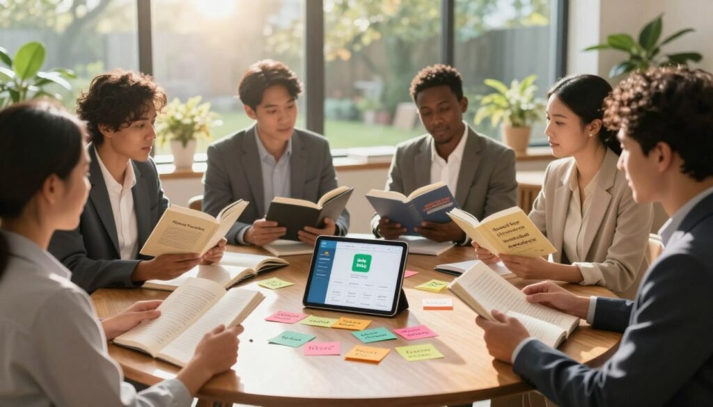 A serene study environment reflecting the philosophy of natural language learning. In the foreground, a diverse group of people of different ethnicities, seated at a round wooden table, are engaged in an animated discussion about language. Each person is in professional business attire, holding language books and tablets. The middle section of the image features open books, colorful sticky notes adorned with vocabulary words, and a digital tablet displaying the Mondly app interface. In the background, large windows let in soft, warm sunlight, casting gentle shadows, with a serene garden outside. The atmosphere is dynamic yet inviting, embodying curiosity and collaboration in language learning. Use bright, warm lighting to enhance the welcoming feel, with a slightly blurred background to focus on the participants. A serene study environment reflecting the philosophy of natural language learning. In the foreground, a diverse group of people of different ethnicities, seated at a round wooden table, are engaged in an animated discussion about language. Each person is in professional business attire, holding language books and tablets. The middle section of the image features open books, colorful sticky notes adorned with vocabulary words, and a digital tablet displaying the Mondly app interface. In the background, large windows let in soft, warm sunlight, casting gentle shadows, with a serene garden outside. The atmosphere is dynamic yet inviting, embodying curiosity and collaboration in language learning. Use bright, warm lighting to enhance the welcoming feel, with a slightly blurred background to focus on the participants.
