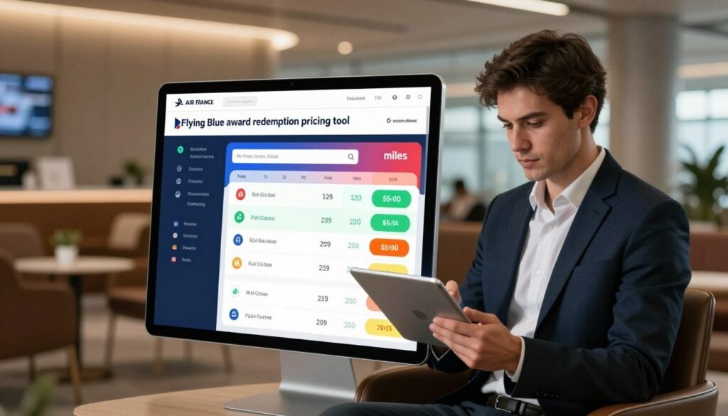 A sleek and modern digital interface showcasing the "Flying Blue award redemption pricing tool" for the Air France Flying Blue program. In the foreground, a high-resolution screen displays an interactive user interface with colorful visuals representing miles, rewards, and pricing tiers. The middle ground features a professional individual in smart business attire, focused on using a tablet with the pricing tool, exuding confidence and expertise. The background illustrates a stylish airport lounge environment with soft, ambient lighting and elegant décor, enhancing the mood of travel and aspiration. The overall atmosphere is informative and engaging, capturing the essence of understanding award redemptions and dynamic pricing in the aviation sector. A sleek and modern digital interface showcasing the "Flying Blue award redemption pricing tool" for the Air France Flying Blue program. In the foreground, a high-resolution screen displays an interactive user interface with colorful visuals representing miles, rewards, and pricing tiers. The middle ground features a professional individual in smart business attire, focused on using a tablet with the pricing tool, exuding confidence and expertise. The background illustrates a stylish airport lounge environment with soft, ambient lighting and elegant décor, enhancing the mood of travel and aspiration. The overall atmosphere is informative and engaging, capturing the essence of understanding award redemptions and dynamic pricing in the aviation sector.