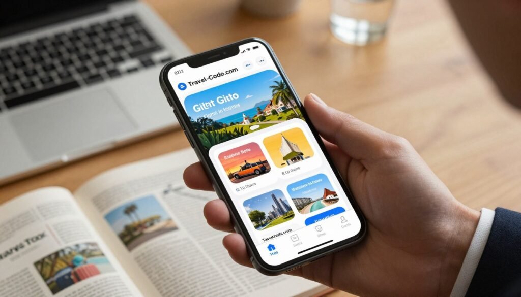 A sleek mobile application interface for a travel booking platform, prominently displayed on a modern smartphone. The interface shows a vibrant dashboard with sections for flight and hotel bookings featuring colorful images of destinations. In the foreground, the smartphone is held in a hand wearing a professional business attire, symbolizing a user who is planning their trip. The background showcases a stylish workspace with a laptop and travel guides, illuminated by soft, warm lighting that creates an inviting atmosphere. The scene is captured from a slightly elevated angle, emphasizing the app's user-friendly design. The overall mood is focused and organized, reflecting the technology-driven convenience of Travel-Code.com. A sleek mobile application interface for a travel booking platform, prominently displayed on a modern smartphone. The interface shows a vibrant dashboard with sections for flight and hotel bookings featuring colorful images of destinations. In the foreground, the smartphone is held in a hand wearing a professional business attire, symbolizing a user who is planning their trip. The background showcases a stylish workspace with a laptop and travel guides, illuminated by soft, warm lighting that creates an inviting atmosphere. The scene is captured from a slightly elevated angle, emphasizing the app's user-friendly design. The overall mood is focused and organized, reflecting the technology-driven convenience of Travel-Code.com.