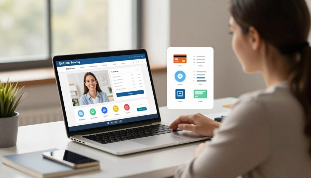 A sleek, modern workspace featuring a laptop open to a vibrant online tutoring platform interface, displaying pricing options and payment methods. In the foreground, a focused tutor in smart casual attire sits at a stylish desk, engaged in a video call with a student, who is visible on the laptop screen with a friendly smile. The middle section includes charts and graphs symbolizing pricing models, illustrated with colorful icons representing various payment methods like credit cards and digital wallets. The background features soft, natural lighting filtering through a large window, casting gentle shadows and creating a warm, inviting atmosphere. The mood is professional yet approachable, highlighting the accessibility and convenience of online tutoring services. A sleek, modern workspace featuring a laptop open to a vibrant online tutoring platform interface, displaying pricing options and payment methods. In the foreground, a focused tutor in smart casual attire sits at a stylish desk, engaged in a video call with a student, who is visible on the laptop screen with a friendly smile. The middle section includes charts and graphs symbolizing pricing models, illustrated with colorful icons representing various payment methods like credit cards and digital wallets. The background features soft, natural lighting filtering through a large window, casting gentle shadows and creating a warm, inviting atmosphere. The mood is professional yet approachable, highlighting the accessibility and convenience of online tutoring services.