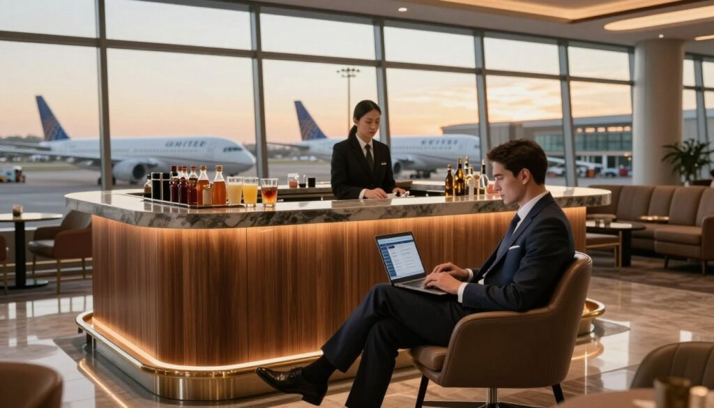 A sophisticated airport lounge scene highlighting the exclusive benefits of United Airlines Premier Elite Status. In the foreground, a well-dressed business traveler, in a tailored suit, is comfortably seated on a plush leather chair with a laptop open, visually immersed in travel planning. The middle ground showcases an elegant bar area with polished wooden surfaces and a range of premium refreshments, manned by attentive staff in professional attire. In the background, large panoramic windows display airplanes on the tarmac under a warm, golden sunset glow, creating a serene atmosphere. Soft, ambient lighting enhances the luxury feel of the lounge, with reflections shimmering subtly across the polished floors, conveying an air of exclusivity and reward. A sophisticated airport lounge scene highlighting the exclusive benefits of United Airlines Premier Elite Status. In the foreground, a well-dressed business traveler, in a tailored suit, is comfortably seated on a plush leather chair with a laptop open, visually immersed in travel planning. The middle ground showcases an elegant bar area with polished wooden surfaces and a range of premium refreshments, manned by attentive staff in professional attire. In the background, large panoramic windows display airplanes on the tarmac under a warm, golden sunset glow, creating a serene atmosphere. Soft, ambient lighting enhances the luxury feel of the lounge, with reflections shimmering subtly across the polished floors, conveying an air of exclusivity and reward.