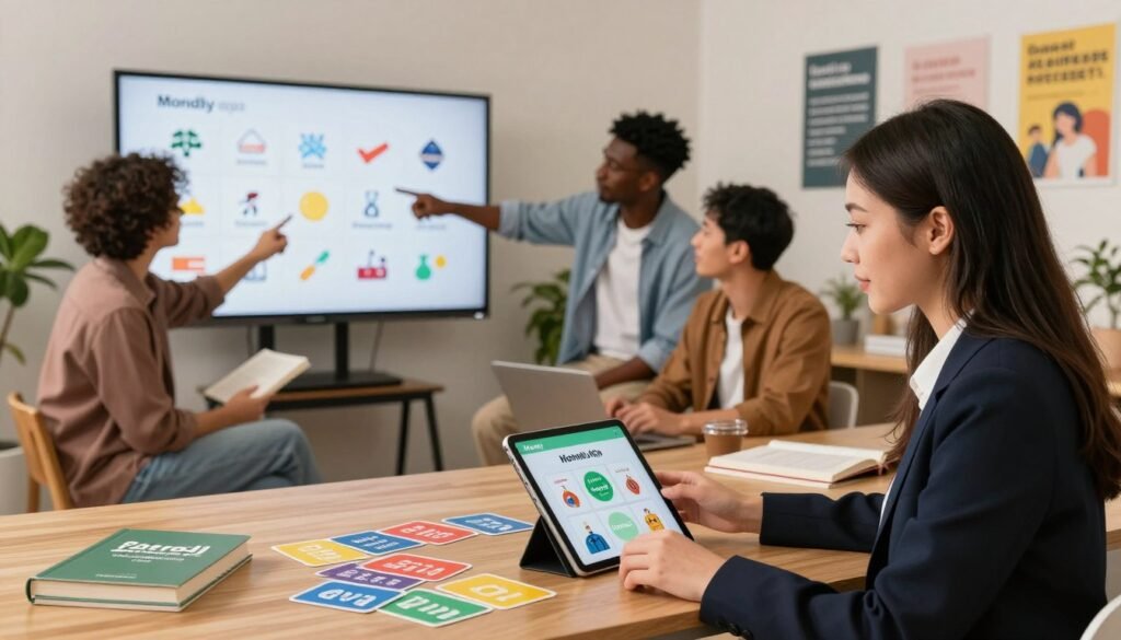 A vibrant and dynamic scene depicting a diverse group of individuals engaged in language learning using the Mondly app. In the foreground, a young woman in professional business attire is intently using her tablet, surrounded by colorful flashcards and language books. In the middle ground, a group of three friends, also in smart casual clothing, are engaged in a lively discussion, pointing at a large screen displaying various languages and cultural icons. The background features a softly lit, modern workspace filled with greenery and motivational posters related to language learning. The mood is inspirational and collaborative, with warm lighting enhancing the lively atmosphere. The camera angle is slightly elevated, capturing both the individuals and the enriching environment, emphasizing enthusiasm and engagement in language acquisition. A vibrant and dynamic scene depicting a diverse group of individuals engaged in language learning using the Mondly app. In the foreground, a young woman in professional business attire is intently using her tablet, surrounded by colorful flashcards and language books. In the middle ground, a group of three friends, also in smart casual clothing, are engaged in a lively discussion, pointing at a large screen displaying various languages and cultural icons. The background features a softly lit, modern workspace filled with greenery and motivational posters related to language learning. The mood is inspirational and collaborative, with warm lighting enhancing the lively atmosphere. The camera angle is slightly elevated, capturing both the individuals and the enriching environment, emphasizing enthusiasm and engagement in language acquisition.
