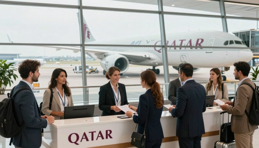 A vibrant and dynamic scene showcasing travelers at an airport, emphasizing the excitement of earning Avios while flying with Qatar Airways and its partners. In the foreground, a diverse group of well-dressed passengers, including both men and women in smart business attire, check in at a sleek Qatar Airways counter adorned with the airline's logo. The middle ground features a spacious and modern terminal with large windows revealing airplanes outside, specifically a Qatar Airways aircraft preparing for takeoff. The background includes a bright, airy atmosphere with soft, natural lighting streaming in from the windows, creating a sense of optimism and adventure. The overall mood is one of anticipation and engagement, inviting viewers to consider the benefits of traveling with Qatar Airways. A vibrant and dynamic scene showcasing travelers at an airport, emphasizing the excitement of earning Avios while flying with Qatar Airways and its partners. In the foreground, a diverse group of well-dressed passengers, including both men and women in smart business attire, check in at a sleek Qatar Airways counter adorned with the airline's logo. The middle ground features a spacious and modern terminal with large windows revealing airplanes outside, specifically a Qatar Airways aircraft preparing for takeoff. The background includes a bright, airy atmosphere with soft, natural lighting streaming in from the windows, creating a sense of optimism and adventure. The overall mood is one of anticipation and engagement, inviting viewers to consider the benefits of traveling with Qatar Airways.