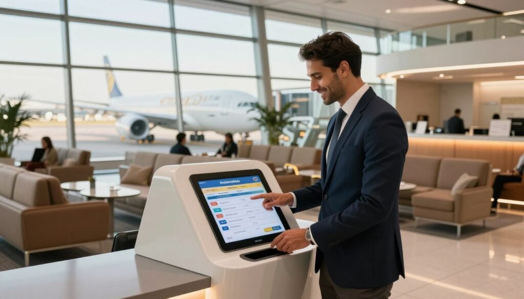 A vibrant and engaging scene inside an airport lounge, showcasing a traveler joyfully redeeming Etihad Guest miles for a flight. In the foreground, a well-dressed traveler in professional attire stands at a sleek, modern kiosk, smiling as they browse flight options on a digital screen. The middle ground features a stylish lounge with plush seating, glowing LED lights, and large windows revealing aircraft on the tarmac. In the background, a sunny day filters through the glass, casting a warm glow across the space. The mood is uplifting and inspiring, reflecting excitement and the allure of travel. The image is well-lit with soft shadows, creating an inviting atmosphere, capturing the essence of luxury and convenience associated with flying with Etihad Airways. A vibrant and engaging scene inside an airport lounge, showcasing a traveler joyfully redeeming Etihad Guest miles for a flight. In the foreground, a well-dressed traveler in professional attire stands at a sleek, modern kiosk, smiling as they browse flight options on a digital screen. The middle ground features a stylish lounge with plush seating, glowing LED lights, and large windows revealing aircraft on the tarmac. In the background, a sunny day filters through the glass, casting a warm glow across the space. The mood is uplifting and inspiring, reflecting excitement and the allure of travel. The image is well-lit with soft shadows, creating an inviting atmosphere, capturing the essence of luxury and convenience associated with flying with Etihad Airways.