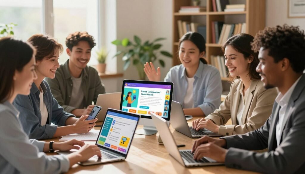A vibrant and inviting scene showcasing the advantages of a language learning platform. In the foreground, a diverse group of learners, men and women of various ethnicities, are engaged in animated conversations over laptops and mobile devices, dressed in professional business attire. In the middle ground, a digital tablet displays engaging language learning content, featuring colorful visuals and interactive elements, symbolizing dynamic lessons. The background reveals a cozy study environment with bookshelves filled with language books, plants, and warm lighting creating an inspiring atmosphere. Soft sunlight filters through a window, casting a gentle glow on the scene, evoking a sense of motivation and connection. The overall mood is uplifting and focused, emphasizing community and the joy of learning together. A vibrant and inviting scene showcasing the advantages of a language learning platform. In the foreground, a diverse group of learners, men and women of various ethnicities, are engaged in animated conversations over laptops and mobile devices, dressed in professional business attire. In the middle ground, a digital tablet displays engaging language learning content, featuring colorful visuals and interactive elements, symbolizing dynamic lessons. The background reveals a cozy study environment with bookshelves filled with language books, plants, and warm lighting creating an inspiring atmosphere. Soft sunlight filters through a window, casting a gentle glow on the scene, evoking a sense of motivation and connection. The overall mood is uplifting and focused, emphasizing community and the joy of learning together.
