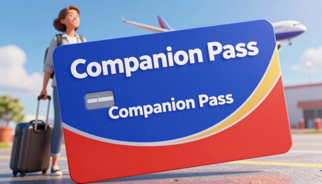 A vibrant and visually engaging image of the "Companion Pass" from Southwest Airlines, depicted as a sleek, modern travel card with distinctive Southwest branding, showcasing bold colors like deep blue and bright red. In the foreground, the card prominently features the text “Companion Pass” in a sophisticated font, glinting under soft, warm lighting. The middle ground includes elements of travel, such as a cheerful traveler in professional attire holding the card, a suitcase beside them, and an airplane in the background soaring through a bright blue sky. The scene exudes excitement and wanderlust, capturing the essence of seamless travel experiences offered by Southwest Airlines. The overall atmosphere is welcoming and optimistic, evoking a sense of adventure and opportunity. A vibrant and visually engaging image of the "Companion Pass" from Southwest Airlines, depicted as a sleek, modern travel card with distinctive Southwest branding, showcasing bold colors like deep blue and bright red. In the foreground, the card prominently features the text “Companion Pass” in a sophisticated font, glinting under soft, warm lighting. The middle ground includes elements of travel, such as a cheerful traveler in professional attire holding the card, a suitcase beside them, and an airplane in the background soaring through a bright blue sky. The scene exudes excitement and wanderlust, capturing the essence of seamless travel experiences offered by Southwest Airlines. The overall atmosphere is welcoming and optimistic, evoking a sense of adventure and opportunity.