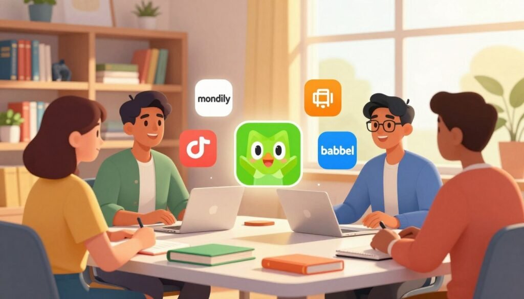 A vibrant, digital illustration showcasing alternative language learning platforms. In the foreground, a diverse group of individuals, including a young woman with medium-length brown hair and a man wearing glasses, are engaged in a dynamic conversation, sharing their experiences with various apps. In the middle, visually appealing icons representing different language learning platforms, like Mondly, Duolingo, and Babbel, are artistically arranged, floating above a sleek, modern desk filled with vibrant language textbooks and notebooks. The background features a cozy, well-lit study space with bookshelves filled with languages, and a large window letting in warm, golden sunlight, creating an inviting atmosphere. The overall mood is motivational and inspiring, suggesting the journey of learning new languages through various methods and technologies. A vibrant, digital illustration showcasing alternative language learning platforms. In the foreground, a diverse group of individuals, including a young woman with medium-length brown hair and a man wearing glasses, are engaged in a dynamic conversation, sharing their experiences with various apps. In the middle, visually appealing icons representing different language learning platforms, like Mondly, Duolingo, and Babbel, are artistically arranged, floating above a sleek, modern desk filled with vibrant language textbooks and notebooks. The background features a cozy, well-lit study space with bookshelves filled with languages, and a large window letting in warm, golden sunlight, creating an inviting atmosphere. The overall mood is motivational and inspiring, suggesting the journey of learning new languages through various methods and technologies.