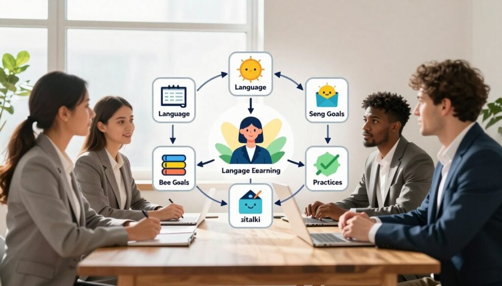 A vibrant illustration of a step-by-step guide to getting started with language learning, featuring a neatly organized flowchart displayed on a wooden table. In the foreground, a diverse group of three individuals in professional business attire—two females and one male—engage in discussion around the flowchart. The middle section includes icons representing different language learning steps: choosing a language, setting goals, finding a teacher on italki, scheduling lessons, and practicing. In the background, a bright window allows natural light to flood the scene, casting soft shadows. The atmosphere is inviting and focused, evoking a sense of motivation and learning. Subtle plants adorn the space, enhancing the soothing environment conducive to study. A vibrant illustration of a step-by-step guide to getting started with language learning, featuring a neatly organized flowchart displayed on a wooden table. In the foreground, a diverse group of three individuals in professional business attire—two females and one male—engage in discussion around the flowchart. The middle section includes icons representing different language learning steps: choosing a language, setting goals, finding a teacher on italki, scheduling lessons, and practicing. In the background, a bright window allows natural light to flood the scene, casting soft shadows. The atmosphere is inviting and focused, evoking a sense of motivation and learning. Subtle plants adorn the space, enhancing the soothing environment conducive to study.