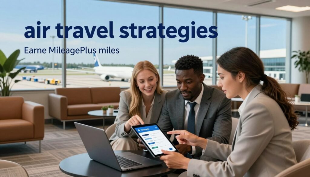 A vibrant, professional scene illustrating "air travel strategies" for earning MileagePlus miles. In the foreground, a diverse group of three business professionals—two men and one woman—are seated at a sleek airport lounge, examining a laptop and tablet filled with travel apps. The woman, dressed in a smart blazer, points to the screen, while the men discuss strategies enthusiastically. In the middle ground, plush seating and modern decor create a welcoming atmosphere, enhanced by soft, warm lighting. The background features a large window showcasing a busy airport runway with airplanes taking off and landing under a clear blue sky. The mood is energetic and collaborative, emphasizing the excitement of exploring different travel strategies. A vibrant, professional scene illustrating "air travel strategies" for earning MileagePlus miles. In the foreground, a diverse group of three business professionals—two men and one woman—are seated at a sleek airport lounge, examining a laptop and tablet filled with travel apps. The woman, dressed in a smart blazer, points to the screen, while the men discuss strategies enthusiastically. In the middle ground, plush seating and modern decor create a welcoming atmosphere, enhanced by soft, warm lighting. The background features a large window showcasing a busy airport runway with airplanes taking off and landing under a clear blue sky. The mood is energetic and collaborative, emphasizing the excitement of exploring different travel strategies.