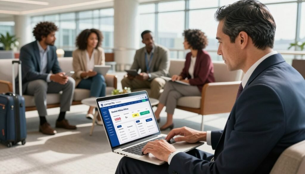 A vibrant scene focusing on the theme of maximizing value through a frequent flyer program. In the foreground, showcase a professional business traveler, a middle-aged man in a smart suit, examining a laptop displaying a colorful interface of United Airlines MileagePlus miles balance and rewards options. In the middle ground, a diverse group of travelers are engaged in conversation, discussing their travel experiences and exchanging knowledge about redeeming miles. The background features an airport lounge with large windows letting in natural light, enhancing a warm and optimistic atmosphere. Soft shadows create depth, while a wide-angle lens captures the lively interactions. The mood is encouraging and dynamic, embodying the spirit of savvy travel and effective use of rewards programs. A vibrant scene focusing on the theme of maximizing value through a frequent flyer program. In the foreground, showcase a professional business traveler, a middle-aged man in a smart suit, examining a laptop displaying a colorful interface of United Airlines MileagePlus miles balance and rewards options. In the middle ground, a diverse group of travelers are engaged in conversation, discussing their travel experiences and exchanging knowledge about redeeming miles. The background features an airport lounge with large windows letting in natural light, enhancing a warm and optimistic atmosphere. Soft shadows create depth, while a wide-angle lens captures the lively interactions. The mood is encouraging and dynamic, embodying the spirit of savvy travel and effective use of rewards programs.