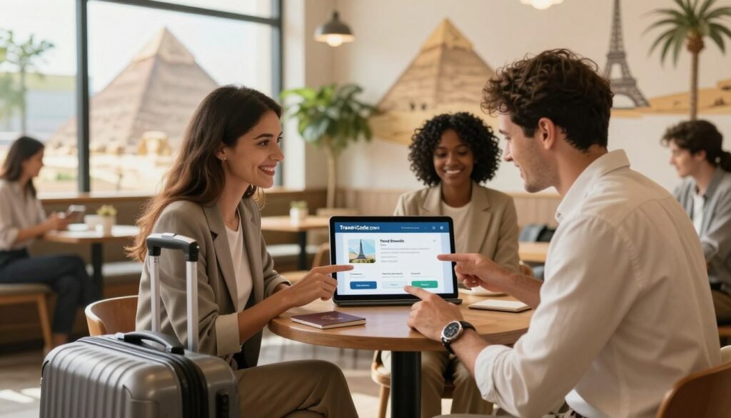 A vibrant travel rewards program scene, featuring a diverse group of professional individuals, including a businesswoman and a businessman, both dressed in smart casual attire, actively engaging with a sleek digital device displaying a travel rewards application. In the foreground, there are travel accessories like a stylish suitcase and a passport. The middle ground showcases a modern, cozy café setting, with large windows letting in warm, natural light, and decorative plants enhancing the ambiance. The background includes blurred images of iconic travel landmarks like pyramids, the Eiffel Tower, and palm trees, evoking a sense of adventure. The mood is inviting and inspiring, encouraging a sense of exploration and exclusive benefits. The composition should focus on clarity and excitement about traveling affordably with Travel-Code.com. A vibrant travel rewards program scene, featuring a diverse group of professional individuals, including a businesswoman and a businessman, both dressed in smart casual attire, actively engaging with a sleek digital device displaying a travel rewards application. In the foreground, there are travel accessories like a stylish suitcase and a passport. The middle ground showcases a modern, cozy café setting, with large windows letting in warm, natural light, and decorative plants enhancing the ambiance. The background includes blurred images of iconic travel landmarks like pyramids, the Eiffel Tower, and palm trees, evoking a sense of adventure. The mood is inviting and inspiring, encouraging a sense of exploration and exclusive benefits. The composition should focus on clarity and excitement about traveling affordably with Travel-Code.com.