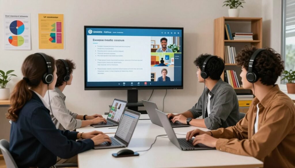 A virtual language classroom setting, showcasing an online lesson in progress. In the foreground, a diverse group of four students, including a middle-aged woman in professional business attire, a young man in smart casual clothing, and two more participants engaged on their laptops. They are seated at a sleek, modern table with headphones on, attentively looking at their screens. The middle section depicts a large digital whiteboard displaying language learning materials and vibrant visuals. Soft, warm lighting fills the room, creating an inviting atmosphere, with accents of color from charts and educational posters on the walls. The background features a bookshelf filled with language textbooks, with a window revealing a subtle outdoor view for added depth, all captured from an eye-level angle for an immersive perspective. A virtual language classroom setting, showcasing an online lesson in progress. In the foreground, a diverse group of four students, including a middle-aged woman in professional business attire, a young man in smart casual clothing, and two more participants engaged on their laptops. They are seated at a sleek, modern table with headphones on, attentively looking at their screens. The middle section depicts a large digital whiteboard displaying language learning materials and vibrant visuals. Soft, warm lighting fills the room, creating an inviting atmosphere, with accents of color from charts and educational posters on the walls. The background features a bookshelf filled with language textbooks, with a window revealing a subtle outdoor view for added depth, all captured from an eye-level angle for an immersive perspective.