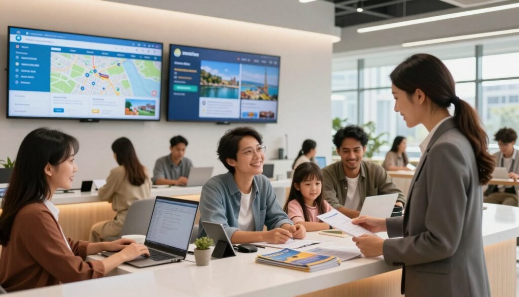 A visually appealing travel service hub showcasing a modern, inviting atmosphere. In the foreground, a friendly travel consultant in professional attire is assisting a diverse group of customers, including a young couple and a family, at a sleek reception desk filled with brochures and travel gadgets. The middle ground features digital screens displaying travel deals, maps, and destination highlights. In the background, large windows let in warm, natural light, revealing an attractive cityscape. The overall mood is one of excitement and possibility, conveying the ease of booking comprehensive travel services under one roof. The scene should appear well-organized and bustling, emphasizing convenience and comfort in travel planning. A visually appealing travel service hub showcasing a modern, inviting atmosphere. In the foreground, a friendly travel consultant in professional attire is assisting a diverse group of customers, including a young couple and a family, at a sleek reception desk filled with brochures and travel gadgets. The middle ground features digital screens displaying travel deals, maps, and destination highlights. In the background, large windows let in warm, natural light, revealing an attractive cityscape. The overall mood is one of excitement and possibility, conveying the ease of booking comprehensive travel services under one roof. The scene should appear well-organized and bustling, emphasizing convenience and comfort in travel planning.