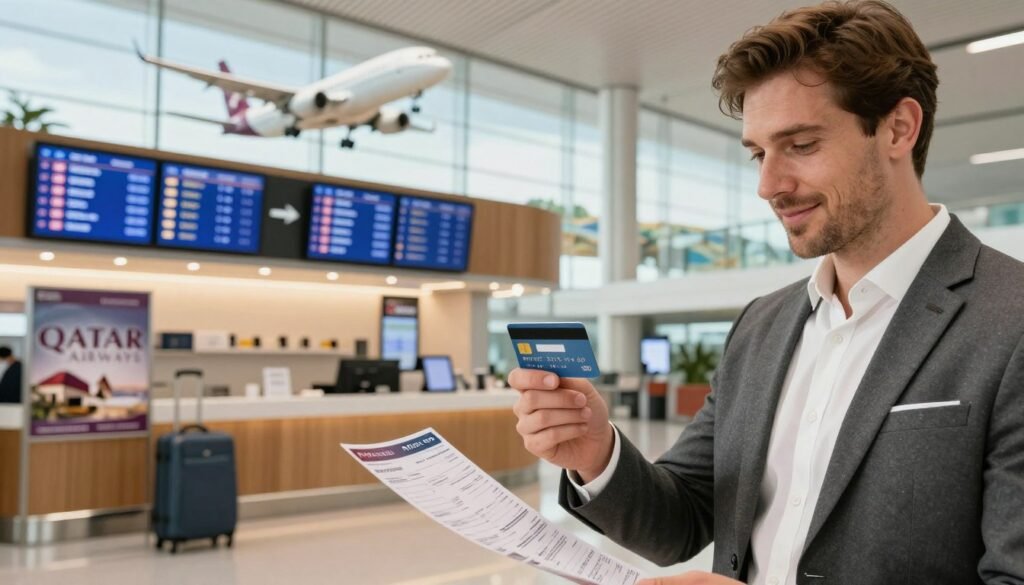 A visually captivating scene depicting the concept of earning Avios points through credit cards and travel, highlighting a modern traveler's lifestyle. In the foreground, include a stylish professional in business attire, holding a credit card and a travel itinerary, with a content expression. In the middle ground, a vibrant airport or travel agency setting, showcasing elements like luggage, a digital display of flight options, and an elegant travel poster promoting Qatar Airways. The background features a blurred view of an airplane taking off or an exotic landscape, symbolizing travel. Soft, warm lighting creates an inviting atmosphere, enhancing feelings of excitement and opportunity. Use a slightly elevated angle, allowing for a dynamic composition that draws the viewer's eye throughout the image. A visually captivating scene depicting the concept of earning Avios points through credit cards and travel, highlighting a modern traveler's lifestyle. In the foreground, include a stylish professional in business attire, holding a credit card and a travel itinerary, with a content expression. In the middle ground, a vibrant airport or travel agency setting, showcasing elements like luggage, a digital display of flight options, and an elegant travel poster promoting Qatar Airways. The background features a blurred view of an airplane taking off or an exotic landscape, symbolizing travel. Soft, warm lighting creates an inviting atmosphere, enhancing feelings of excitement and opportunity. Use a slightly elevated angle, allowing for a dynamic composition that draws the viewer's eye throughout the image.