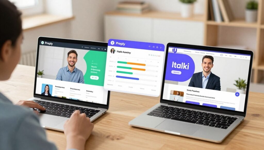 A visually engaging comparison scene portraying two distinct language learning platforms, Preply and Italki. In the foreground, two laptops are open, each displaying their respective platforms with vibrant, user-friendly interfaces. On one side, a focused learner in smart casual attire is taking a lesson on Preply, while on the other, another learner, dressed in professional business attire, interacts with a tutor on Italki. The middle of the image features a split, with a chart showing user ratings and key features of each platform, enhancing the comparison. The background features a bright, modern study with warm lighting to create a welcoming and productive atmosphere. The composition should use a slightly elevated angle for a comprehensive view, ensuring clarity and impact while maintaining a balanced and harmonious look throughout. A visually engaging comparison scene portraying two distinct language learning platforms, Preply and Italki. In the foreground, two laptops are open, each displaying their respective platforms with vibrant, user-friendly interfaces. On one side, a focused learner in smart casual attire is taking a lesson on Preply, while on the other, another learner, dressed in professional business attire, interacts with a tutor on Italki. The middle of the image features a split, with a chart showing user ratings and key features of each platform, enhancing the comparison. The background features a bright, modern study with warm lighting to create a welcoming and productive atmosphere. The composition should use a slightly elevated angle for a comprehensive view, ensuring clarity and impact while maintaining a balanced and harmonious look throughout.