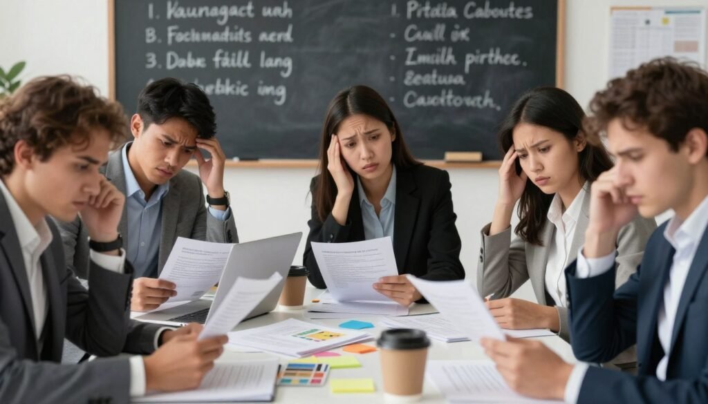 A visually engaging representation of the weaknesses in language learning. In the foreground, depict a diverse group of individuals, in professional business attire, looking puzzled and frustrated while studying language materials, such as books and flashcards. In the middle ground, show a cluttered desk filled with note papers, a laptop displaying a language learning app, and coffee cups, symbolizing the challenges of language retention. In the background, illustrate a classroom setting with a chalkboard listing common language pitfalls, like grammar confusion and pronunciation difficulties. Use soft lighting to create a thoughtful atmosphere, and apply a shallow depth of field to keep the focus on the learners’ expressions. Capture the essence of struggle and determination in their faces, embodying the obstacles faced in mastering a new language. A visually engaging representation of the weaknesses in language learning. In the foreground, depict a diverse group of individuals, in professional business attire, looking puzzled and frustrated while studying language materials, such as books and flashcards. In the middle ground, show a cluttered desk filled with note papers, a laptop displaying a language learning app, and coffee cups, symbolizing the challenges of language retention. In the background, illustrate a classroom setting with a chalkboard listing common language pitfalls, like grammar confusion and pronunciation difficulties. Use soft lighting to create a thoughtful atmosphere, and apply a shallow depth of field to keep the focus on the learners’ expressions. Capture the essence of struggle and determination in their faces, embodying the obstacles faced in mastering a new language.