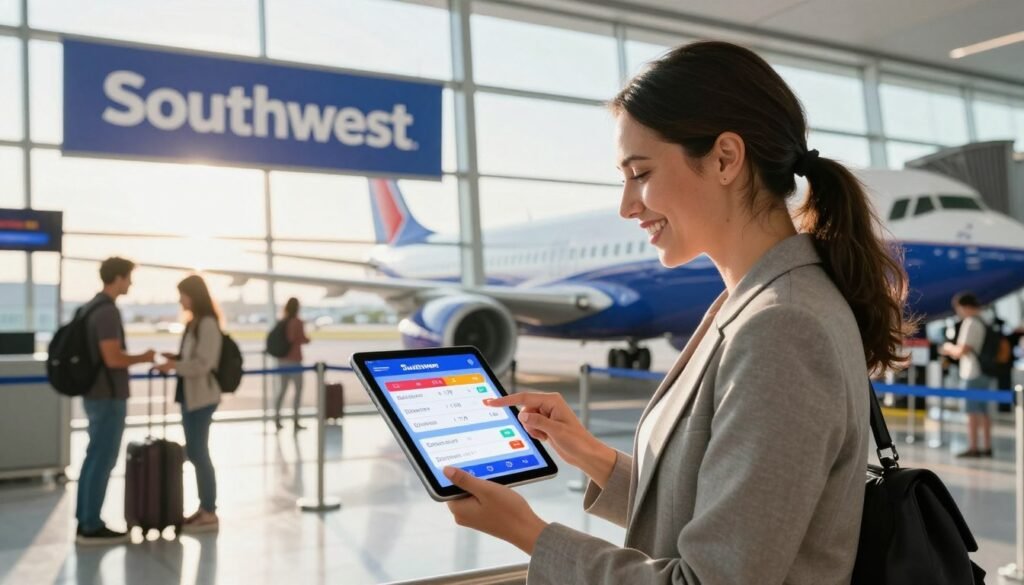 A visually engaging scene depicting the concept of redeeming points for flights with Southwest Airlines. In the foreground, a professional businesswoman in smart casual attire is joyfully interacting with a digital tablet, showcasing a colorful, user-friendly interface with flight options. The middle ground features a bright, welcoming airport setting, with people checking in and a cheerful Southwest Airlines banner. In the background, a sleek airplane is visible at the gate, bathed in warm, natural sunlight filtering through large glass windows, creating an uplifting and optimistic atmosphere. The lighting is bright and inviting, suggesting a day filled with possibility and adventure. The scene radiates enthusiasm and ease, emphasizing the rewarding experience of travel through the Southwest Rapid Rewards Program. A visually engaging scene depicting the concept of redeeming points for flights with Southwest Airlines. In the foreground, a professional businesswoman in smart casual attire is joyfully interacting with a digital tablet, showcasing a colorful, user-friendly interface with flight options. The middle ground features a bright, welcoming airport setting, with people checking in and a cheerful Southwest Airlines banner. In the background, a sleek airplane is visible at the gate, bathed in warm, natural sunlight filtering through large glass windows, creating an uplifting and optimistic atmosphere. The lighting is bright and inviting, suggesting a day filled with possibility and adventure. The scene radiates enthusiasm and ease, emphasizing the rewarding experience of travel through the Southwest Rapid Rewards Program.