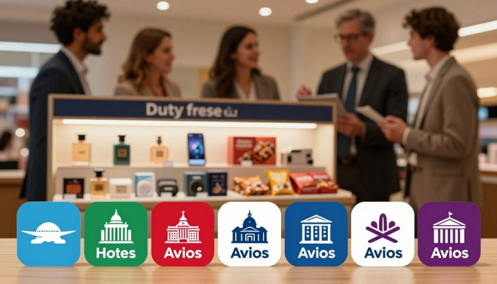 A visually rich scene depicting various redemption options for Avios points. In the foreground, elegantly arranged hotel icons and luggage tags, featuring vibrant colors and textures that differentiate luxury hotels from budget accommodations. In the middle ground, a stylish duty-free shop display, showcasing an array of products like perfumes, electronics, and gourmet snacks. In the background, soft-focus silhouettes of travelers discussing their redemption choices, dressed in professional business attire, conveying a sense of camaraderie and excitement. The lighting is warm and inviting, creating a friendly atmosphere, with a slight vignette effect to draw attention to the foreground elements. The overall mood is optimistic and aspirational, highlighting the possibilities of reward travel. A visually rich scene depicting various redemption options for Avios points. In the foreground, elegantly arranged hotel icons and luggage tags, featuring vibrant colors and textures that differentiate luxury hotels from budget accommodations. In the middle ground, a stylish duty-free shop display, showcasing an array of products like perfumes, electronics, and gourmet snacks. In the background, soft-focus silhouettes of travelers discussing their redemption choices, dressed in professional business attire, conveying a sense of camaraderie and excitement. The lighting is warm and inviting, creating a friendly atmosphere, with a slight vignette effect to draw attention to the foreground elements. The overall mood is optimistic and aspirational, highlighting the possibilities of reward travel.