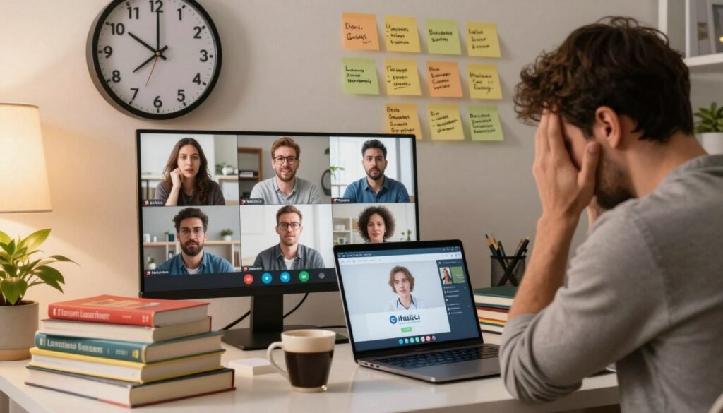 A visually striking image representing the challenges and drawbacks of language learning platforms like italki. In the foreground, depict a frustrated adult learner sitting at a desk cluttered with language books, a laptop showing an online class in progress, and a cup of coffee. The middle ground features a diverse group of language teachers appearing on a video call, looking attentive but slightly overwhelmed. In the background, a large clock symbolizes time pressure, while a wall filled with sticky notes captures language learning goals and obstacles. The lighting is warm, suggesting a study environment but contrasting with the learner's stress. The mood is reflective and slightly tense, capturing the complexities of using language learning platforms. A visually striking image representing the challenges and drawbacks of language learning platforms like italki. In the foreground, depict a frustrated adult learner sitting at a desk cluttered with language books, a laptop showing an online class in progress, and a cup of coffee. The middle ground features a diverse group of language teachers appearing on a video call, looking attentive but slightly overwhelmed. In the background, a large clock symbolizes time pressure, while a wall filled with sticky notes captures language learning goals and obstacles. The lighting is warm, suggesting a study environment but contrasting with the learner's stress. The mood is reflective and slightly tense, capturing the complexities of using language learning platforms.