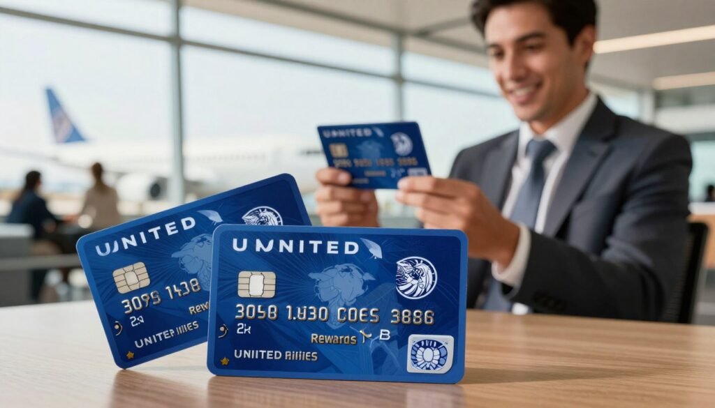 A visually striking image showcasing several United co-branded credit cards prominently in the foreground, designed with United Airlines colors and logos. The cards should appear slightly angled for a dynamic perspective, displaying their sleek, modern design. In the middle ground, a well-dressed business professional is analyzing the cards, exuding confidence and excitement over the rewards they provide. The background features a softly blurred airport terminal scene, with hints of travelers and airplanes, creating an atmosphere of adventure and aspiration. The lighting is bright and inviting, mimicking daylight streaming through large windows, highlighting the credit cards' details while maintaining a warm, enthusiastic ambiance. The overall mood is one of opportunity and excitement for frequent travelers. A visually striking image showcasing several United co-branded credit cards prominently in the foreground, designed with United Airlines colors and logos. The cards should appear slightly angled for a dynamic perspective, displaying their sleek, modern design. In the middle ground, a well-dressed business professional is analyzing the cards, exuding confidence and excitement over the rewards they provide. The background features a softly blurred airport terminal scene, with hints of travelers and airplanes, creating an atmosphere of adventure and aspiration. The lighting is bright and inviting, mimicking daylight streaming through large windows, highlighting the credit cards' details while maintaining a warm, enthusiastic ambiance. The overall mood is one of opportunity and excitement for frequent travelers.