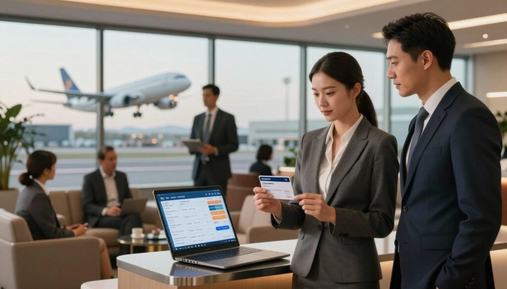 An elegant, professional business setting showing a diverse group of people representing elite status in the Flying Blue program. In the foreground, a well-dressed woman in a tailored suit holds a membership card in her hand, symbolizing her elite status. She stands confidently next to a man in a sleek business outfit, both looking at a digital device displaying flight options. In the middle ground, a stylish airport lounge with polished furniture and large windows reveals planes taking off in the background, creating a sense of travel and achievement. Soft, warm lighting emphasizes a welcoming atmosphere, while reflections from the windows add depth. The scene conveys success, aspiration, and the rewards of loyalty programs. An elegant, professional business setting showing a diverse group of people representing elite status in the Flying Blue program. In the foreground, a well-dressed woman in a tailored suit holds a membership card in her hand, symbolizing her elite status. She stands confidently next to a man in a sleek business outfit, both looking at a digital device displaying flight options. In the middle ground, a stylish airport lounge with polished furniture and large windows reveals planes taking off in the background, creating a sense of travel and achievement. Soft, warm lighting emphasizes a welcoming atmosphere, while reflections from the windows add depth. The scene conveys success, aspiration, and the rewards of loyalty programs.